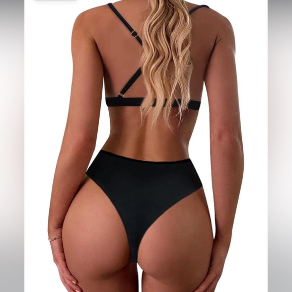 ~High Waisted Thong Bikini Set Triangle Top Deep V Neck Two Piece Swimsuit~ - Picture 4 of 10